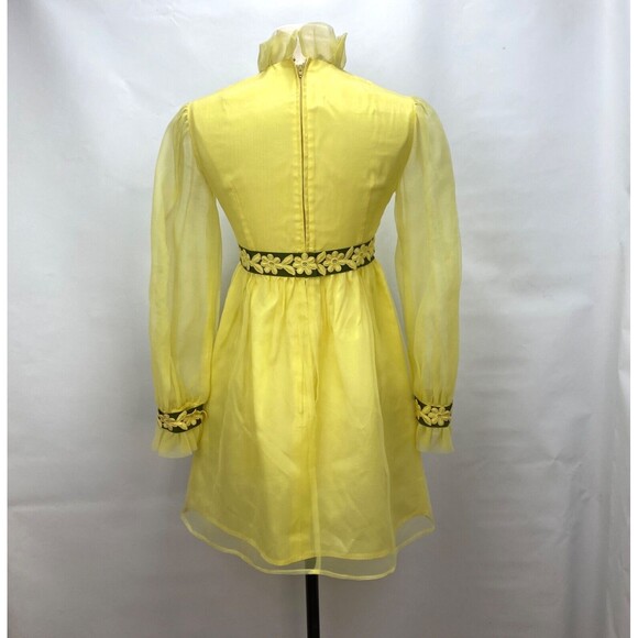 Vintage 60s Lorrie Deb Dress Small Yellow Chiffon Ruffles Embroider Daisy Trim - Picture 9 of 11